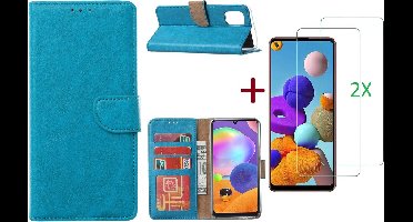 Hoesje Geschikt Voor Samsung Galaxy A21S Hoesje Blauw / 2X glas Screenprotector