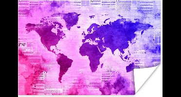 Poster Wereldkaart - Roze - Blauw - 30x20 cm