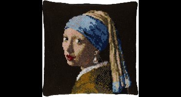 Pako borduurpakket wollen kruissteek kussen - Meisje met de Parel - geprint stramien - 160.804 - DIY kit -100% natuurlijke materialen