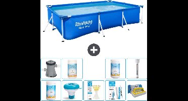 Bestway Rechthoekig Steel Pro Zwembad - 300 x 201 x 66 cm - Blauw - Inclusief Pomp Chloor - Chloordrijver - Testrips - Reparatiesetje - Scrubborstel - PH-min - PH-plus - Thermometer