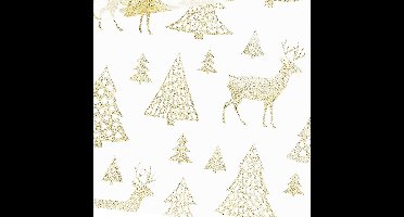 Unique Living Decoratie stof/tafelloper - goud - rendieren en kerstbomen - 300 x 28 cm