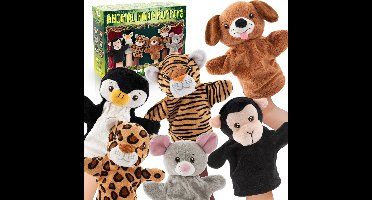 Handpoppen Poppenkast - 6pcs Dieren Handpoppen Hond, Tijger, Aap, Muis, Luipaard & Pinguïn - Inclusief Poppenkast verpakking - Joya Creative