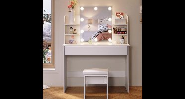 Sierra, Grote make-uptafel 108 cm met kruk, kaptafel met spiegel, make-uptafel met laden en 6 open vakken, 3 kleuren met instelbare helderheid, wit, 108 x 40 x 140 cm.