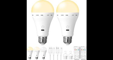 2 Stuks Oplaadbare LED Lamp met Afstandsbediening, E27 Fitting 3W, USB-C Oplaadbare Noodlamp met Batterij, 3 Kleurstanden & Dimbaar, Timerfunctie, Touch Control, Hanglamp voor Binnen & Buiten