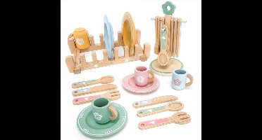 Houten speelgoedkeukenaccessoires voor kinderen - Houten serviesgoed met schattig bestekrek en afdruiprek - Montessori-verjaardagscadeaus voor meisjes en jongens