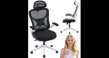 Bureaustoel – Bureaustoelen – Office Chair – Gamestoel – Draaistoel – Ergonomische Verstelbare Lendensteun – Memory Foam Zitting & Hoofdsteun – 360° Draaibaar – 90° Opklapbare Armleuningen – Wit/Zwart