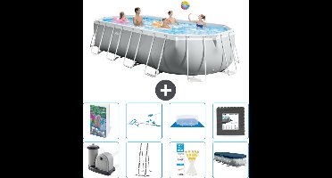 Intex Ovaal Prism Frame Zwembad - 610 x 305 x 122 cm - Grijs - Inclusief Pomp - Ladder - Grondzeil - Afdekzeil - Schoonmaakset - Vloertegels - 9-delig