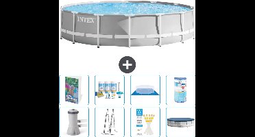 Intex Rond Prism Frame Zwembad - 427 x 107 cm - Grijs - Inclusief Pomp - Ladder - Grondzeil - Afdekzeil - Onderhoudspakket - Filter - 9-delig