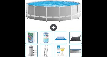 Intex Rond Prism Frame Zwembad - 457 x 122 cm - Grijs - Inclusief Pomp - Ladder - Grondzeil - Afdekzeil - Filter - Solar Mat - 9-delig