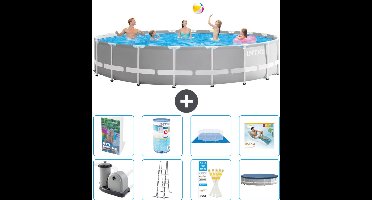 Intex Rond Prism Frame Zwembad - 610 x 132 cm - Grijs - Inclusief Pomp - Ladder - Grondzeil - Afdekzeil - Filter - Loungebed - 9-delig