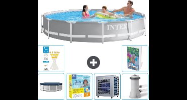 Intex Rond Prism Frame Zwembad - 366 x 76 cm - Grijs - Inclusief Afdekzeil - Onderhoudspakket - Warmtepomp - Zwembadfilterpomp - 7-delig