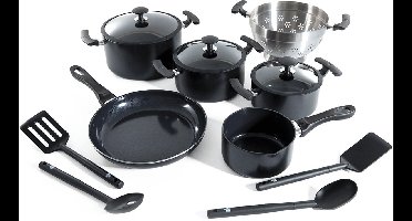 BK Vivid Keramische Antiaanbak Pannenset 13-delig - Ø16-28cm - Koekenpan - Hapjespan - PFAS-vrij – Inductie Pannenset – Ovenbestendig tot 160°C – Vaatwasserbestendig – Snelle opwarming – Koudgrepen - Zwart