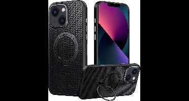 Hoesje geschikt voor iPhone 13 Magsafe hoesje met Carbon uitvoering - 360° Draaibare Magnetische Standaard - Back Cover Kickstand Ring – Zwart
