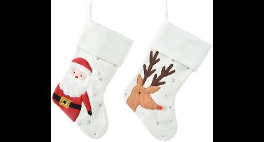 Decoris kerstsok wit met print - kerstdecoratie 40x25cm polyester.