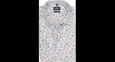 OLYMP Luxor modern fit overhemd - korte mouw - dobby - wit met blauw en roze bloemetjes dessin - Strijkvrij - Boordmaat: 38