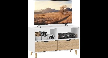 tv-meubel – tv-kast – tv-dressoir – tv-meubel met lades – tv-plank – Wit Met Houten Poten – 99x39x58 cm – Duurzaam Melamine oppervlak
