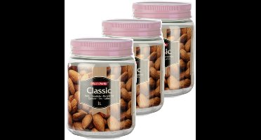 Plasticforte keuken voedsel voorraadpot - Set van 6x stuks - weckpot - roze - 1 liter - kunststof - met deksel - Formaat: 11 x 14 cm