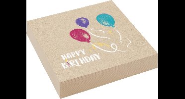 RIETHMULLER - 20 papieren servetten Happy Birthday kraft en blauw 33 x 33 cm met kleurrijke ballonnen