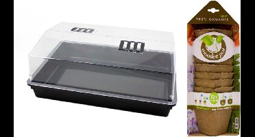 Grote kweekbak/kweekkast met deksel inclusief 24x houtvezel kweekpotjes 24 x 59 x 39 cm