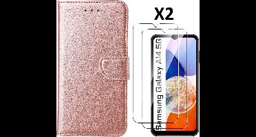 Hoesje Geschikt Voor Samsung Galaxy A14 5G /4G Hoesje met Pasjeshouder - bookcase Portemonnee – Met 2x Screenprotector / gehard glas – Rosegoud