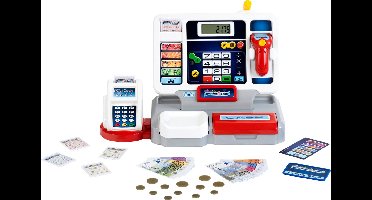 Klein Toys elektronische kassa - afneembare tablet, rekenmachinefunctie, scanner, kaartlezer en een kassa vol speelgeld - 33,42x16,83x22,33 cm - incl. soundbar - grijs rood