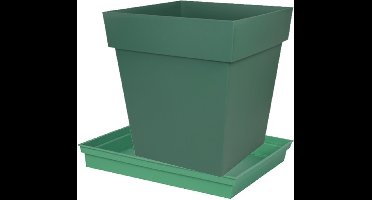 Bloempot Toscane vierkant kunststof groen L39 x B39 x H39 cm en onderschaal L33 x B33 x H5 cm - Bloempotten/plantenpotten set