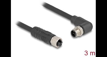 Delock M12 Cable L-coded 4 pin male right angled to female straight PUR suitable for drag chains 3 m black