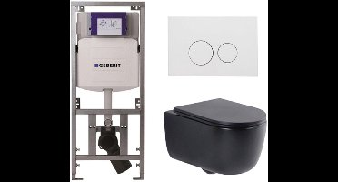 QeramiQ Dely Swirl Toiletset - 36.3x51.7cm - Geberit UP320 inbouwreservoir - met Burda frame - slim zitting - mat witte metalen bedieningsplaat - ronde knoppen - mat zwart