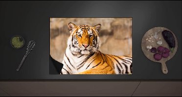Inductieplaat Beschermer - Starende Grote Oranje Tijger - 70x52 cm - 2 mm Dik - Inductie Beschermer met zwarte kern