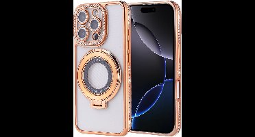 Hoesje Geschikt voor iPhone 16 Pro Magsafe hoesje Goud - Lens beschermer ring Luxury Bling Sparkly Diamond backcover