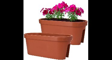 Pro Garden Balkon plantenpot/bloempot - 2x - terracotta - 60 x 25 cm - ovaal - kunststof - Reling/schutting/hangende bloempotten