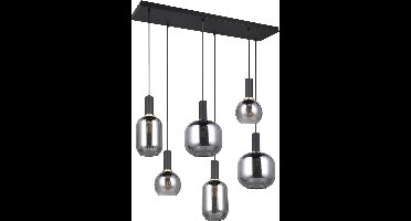 LED Hanglamp - Hangverlichting - Torna Pala - 6x Lichtpunten - E27 Fitting - Verchroomd Glas - Mat Zwart - Metaal