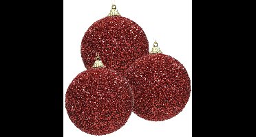 Decoris Kerstbal - 3x - rood - glitter - D8 cm - kunststof - onbreekbaar - kerstversiering - Kerstboomversiering