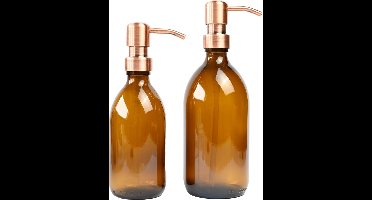 Groeikruid® Zeeppompjes Set | Zeepdispensers | Vrijstaand en Hervulbaar | 300 ml + 500 ml | Amber glas | RVS pompkop | Antiek Koper
