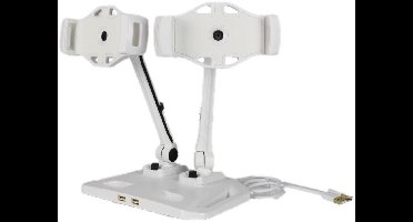 DELTACO ARM-267 Standaard met 2-armen, Universele houders voor Smartphone & Tablet (4 – 12,2 inch), 360 graden rotatie, 2 ingebouwde USB 2.0-poorten, wit