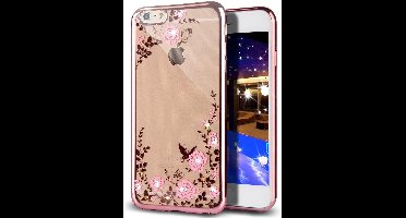 Hoesje geschikt voor Apple iPhone 7 Plus- Electroplating TPU Case Transparant met Rose Gouden Bumper en Vlinder met Diamant (Rose Golden Flowers Silicone Hoesje)