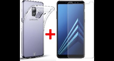 Transparant Hoesje geschikt voor Samsung Galaxy A8 (2018) Soft TPU Gel Siliconen Case + Tempered Glass Screenprotector Transparant