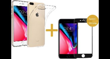 Hoesje geschikt voor Apple iPhone 8 Plus - Siliconen Transparant Hoesje Gel Soft TPU Case Backcover + Full Screen Zwart Tempered Glass Screenprotector 3D 9H (Gehard Glas Screen Protector) - 360 graden protectie