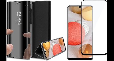 Hoesje geschikt voor Samsung A42 en Screenprotector - Spiegel Book Case Cover Hoes Zwart + Screen Protector Glas Full