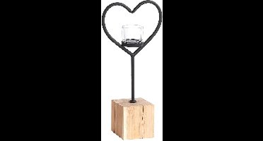 Decoratief  hart -  Lantaarn - Kaars houder - zwart metaal op Eiken houten voet - Large -  Huwelijksgeschenk - Verjaardag cadeau - 40 cm Hoog