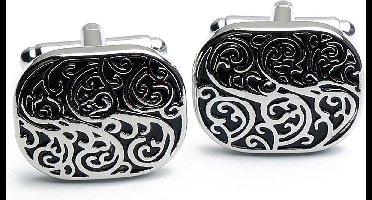 Manchetknopen - Ovaal met Zwart en Zilver Patroon