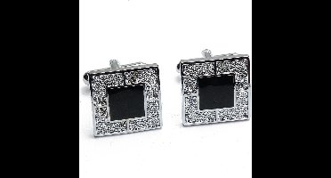 Manchetknopen - Vierkant Effen Zwart met Zilveren Rand