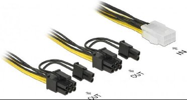PCIe 6-pins (v) - 2x PCIe 8-pins (6+2) (m) voedingskabel - 0,15 meter