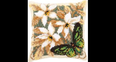 Vervaco - Kruissteekkussen kit - Groene vlinder&witte bloemen - PN-0146841 - Borduren - Borduurpakket - Borduurpakket volwassenen - Borduurpakket kind