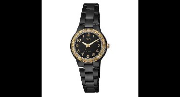 Q&Q Q691J425Y - Horloge - Analoog - Dames - Vrouwen - stalen band - Rond - Cijfers - Staal - Antracietgrijs - Zwart - Goudkleurig - Briljanten
