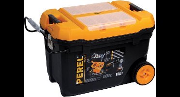 Perel Gereedschapskoffer op wielen, polypropyleen, met verwijderbare inlegbak, metalen sluitingen, V-groef en 2 organizers in het deksel, telescopische handgreep, rubberwielen, zwart/geel, 595 x 420 x 370 mm