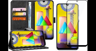 Hoesje geschikt voor Samsung Galaxy M31 - Screen Protector FullGuard - Book Case Kunstleer Pasjeshouder Zwart & Screenprotector