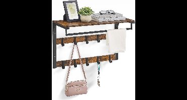 LeeuwenChoice® Wand Kapstok - Garderoberek Met Plank - Muurmontage - Vintage Bruin/Zwart - Met Afneembare Haken - 30x65x42cm