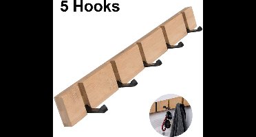 Gigicial Multifunctionele Kapstok - Houten Wandhaken - 5 Opvouwbare Haken Voor Jassen En Accessoires - 1 Stuks - Voor Entree/Zwarte Natuurlijke Houtkleur