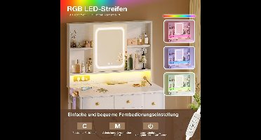 Make-uptafel met verstelbare led-spiegel en ingebouwde USB-stopcontacten en RGB-lichtbalk, toilettafel met 5 stoffen laden en 3 etage Novihome, witte make-uptafel 90 x 40 x 139 cm